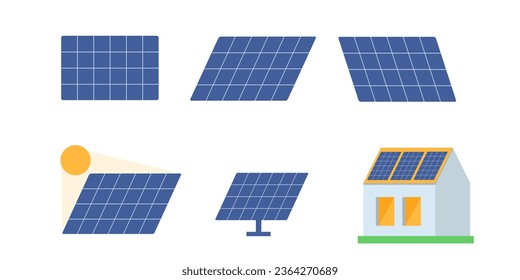 Set of solar panels on white background. Pv panels. Photovoltaic panels on house roof. Renewable energy concept. Vector illustration.