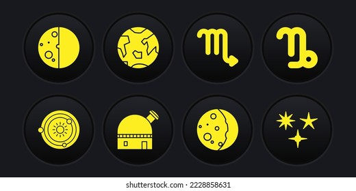 Set Solar system, Capricorn zodiac, Astronomical observatory, Eclipse of the sun, Scorpio, Planet Earth, Falling star and icon. Vector