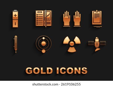Set Solar system, Clipboard with document, Satellite, Radioactive, Meteorology thermometer measuring, Rubber gloves, Battery and Notebook icon. Vector