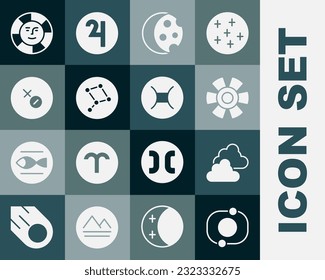 Set Solar system, Cloudy weather, Sun, Eclipse of sun, Great Bear constellation, Venus symbol,  and Gemini zodiac icon. Vector