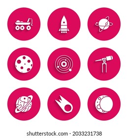 Set Solar system, Comet falling down fast, Moon, Telescope, Planet Saturn, Satellites orbiting the planet Earth and Mars rover icon. Vector
