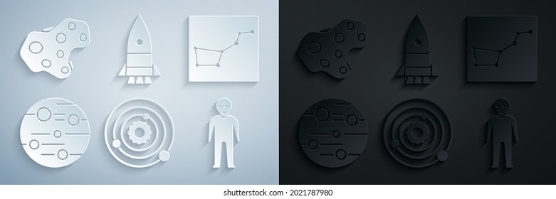Set Solar system, Great Bear constellation, Planet Mars, Alien, Rocket ship and Asteroid icon. Vector
