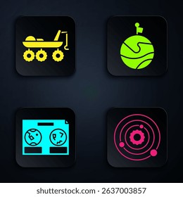 Set Solar system, Mars rover, Celestial map of the night sky and Moon with flag. Black square button. Vector