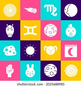 Set Solar system, Moon phases calendar, Rooster zodiac, Virgo, Gemini, Horse, Astrology horoscope circle and Planet Earth icon. Vector