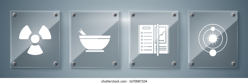 Set Solar system, Notebook, Mortar and pestle and Radioactive. Square glass panels. Vector