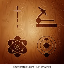 Set Solar system, Pipette, Atom and Microscope on wooden background. Vector