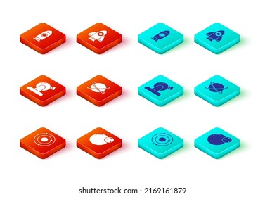 Set Solar system, Planet, Astronomical observatory, Satellites orbiting the planet, Rocket ship and  icon. Vector