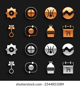 Set Solar system, Planet, Calendar, Bottle of water, Old magic key, Symbol Uranus, Falling star and Earth globe icon. Vector