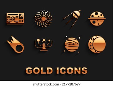 Establecer sistema solar, planeta Saturno, luna, venus, cometa cayendo rápido, satélite, interfaz de hud futurista e icono de agujero negro. Vector