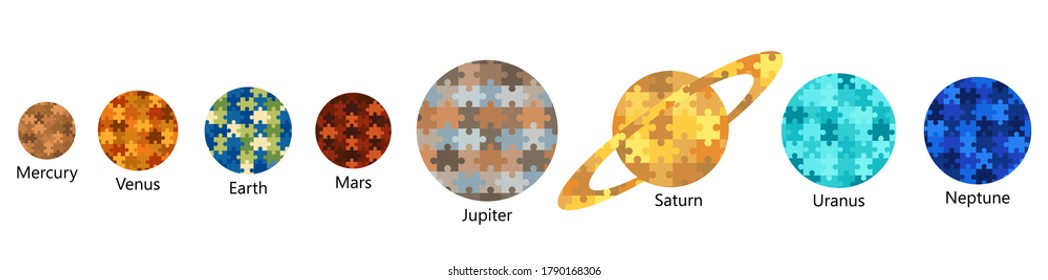 Set of solar system planet silhouettes with pattern of puzzle elements