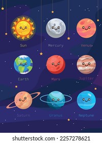  Set of solar system planets in cartoon style. Vector illustration of cute kawaii characters of planets: Sun, Mercury, Venus, Earth, Mars, Jupiter, Saturn, Uranus, Neptune with stars.