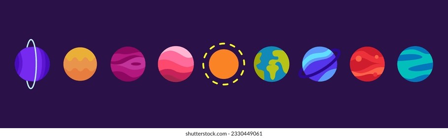  Set of Solar system planets colored icons. Vector Illustration. Isolation on dark blue background.  