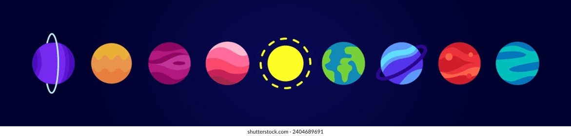 Set of Solar system planets colored icons. Set planets. Vector Illustration. ISolation on dark blue background. Flat style.