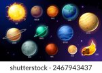 Set of solar system planets. Icons with sun, mercury, venus, earth, saturn, satellites, comets and asteroids. Astronomy, universe and galaxy. Cartoon flat vector illustration isolated on background