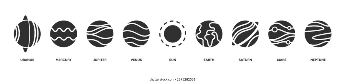  Set of Solar system planets icons. Vector Illustration. ISolation on white background. Line style. Sun and planets.