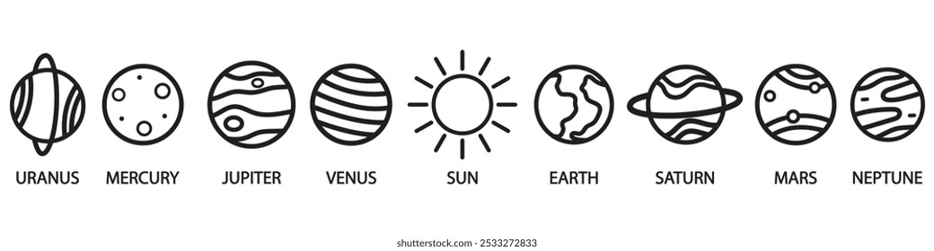 Set of Solar system planets icons.  Isolated on white background. Line style. Sun and planets. Vector Illustration. Mars, Jupiter, Earth and other.