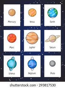 Set of Solar system planets: Mercury, Venus, Earth, Mars, Jupiter, Saturn, Uranus, Neptune, Pluto. Isolated space illustrations.