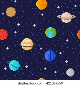 Set of Solar system planets: Mercury, Venus, Earth, Mars, Jupiter, Saturn, Uranus, Neptune, Pluto. Space illustration icons in pixel art style. Vector seamless pattern background.