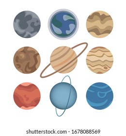 Set of solar system planets and moon. Earth, Moon, Mercury, Venus, Mars, Jupiter, Saturn, Uranus, Neptune Isolated on white background. Cartoon flat style.