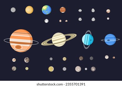 A set of solar system planets and several of their moons in flat style. Asteroid included.