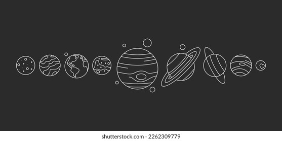 Set of solar system planets signed with names. Earth, Mercury, Jupiter, Saturn, Uranus, Jupiter, Saturn, Pluto, Venus, Neptune. Planetary, astronomy science thin line vector illustration