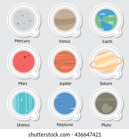 set of Solar system planets sticker design: Mercury, Venus, Earth, Mars, Jupiter, Saturn, Uranus, Neptune, Pluto illustration