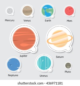 set of Solar system planets sticker design: Mercury, Venus, Earth, Mars, Jupiter, Saturn, Uranus, Neptune, Pluto illustration