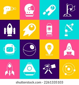 Set Solar system, Rocket ship, Satellite dish, Comet falling down fast, Ray gun and  icon. Vector