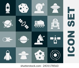 Set Sonnensystem, Satellit, Roboter, Astronomisches Observatorium, Satelliten, die den Planeten umkreisen, Raketenschiff und Mars-Rover-Symbol. Vektor