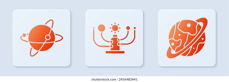 Set Solar system, Satellites orbiting the planet Earth and Planet Saturn. White square button. Vector