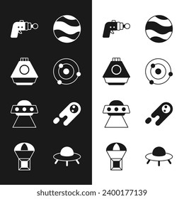 Set Solar system, Space capsule, Ray gun, Planet, UFO flying spaceship, Comet falling down fast,  and Box on parachute icon. Vector
