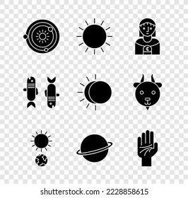 Set Solar system, Sun, Astrology woman, Solstice, Planet Saturn, Palmistry of the hand, Pisces zodiac and Eclipse sun icon. Vector