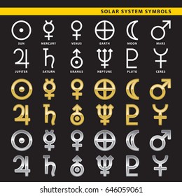 Set of solar system symbols in solid, golden and silver style.