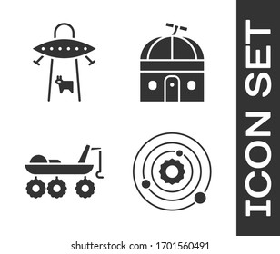 Set Solar system, UFO abducts cow, Mars rover and Astronomical observatory icon. Vector