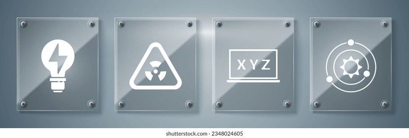 Set Solar system, XYZ Coordinate system, Triangle with radiation and Light bulb with lightning. Square glass panels. Vector