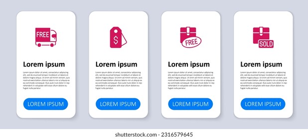 Set Sold, Cardboard box with free symbol, Price tag dollar and Free delivery service. Business infographic template. Vector