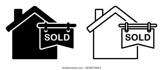 Set of sold house icons in solid and outline styles representing real estate sale and property sold concept on transparent background
