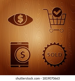 Marca de venta, Ojo con dólar, Comprimido con dólar y carrito de compras con marca de verificación sobre fondo de madera. Vector