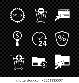 Set Sold label, Remove shopping cart, Online on screen, Add to Shopping, Envelope with coin dollar, Cursor click document folder, Magnifying glass and and Clock 24 hours icon. Vector