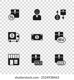 Set Sold, New collection, Item price tag with dollar, Stacks paper money cash, Tax cardboard box, Cardboard discount, Happy customer and Armored truck icon. Vector