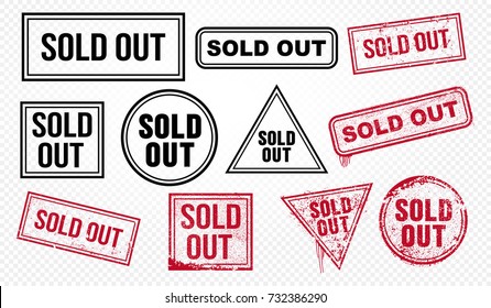 Set of sold out red end black grunge stamp, sale badge template. Vector illustration. Isolated on transparent background