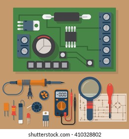 Set for soldering chips. Solder, repair of electronic equipment. Vector flat design style. Tools electrician. Motherboard. Soldering iron, board, multimeter, circuit.