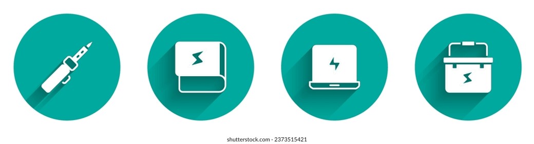 Set Soldering iron, Book about electricity, Laptop and Toolbox electrician icon with long shadow. Vector