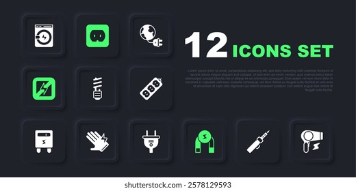 Set Soldering iron, Hair dryer, LED light bulb, Magnet, No lightning, Electric glove, Electrical outlet and plug icon. Vector