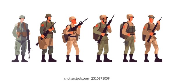 Satz Soldaten, flacher Cartoon einzeln auf weißem Hintergrund. Vektorgrafik