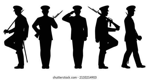 Conjunto de vector de silueta de soldado aislado en fondo blanco, militar en desfile.