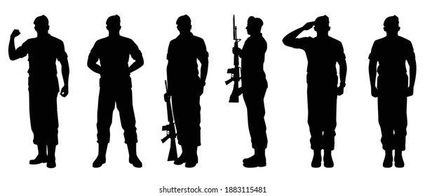 Set of soldier silhouette vector, military man concept.