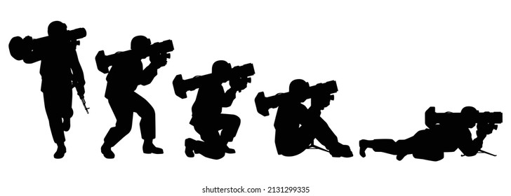 Set Of Soldiers With Anti Tank Missile Silhouette Vector Illustration, Military Man In The Battle.