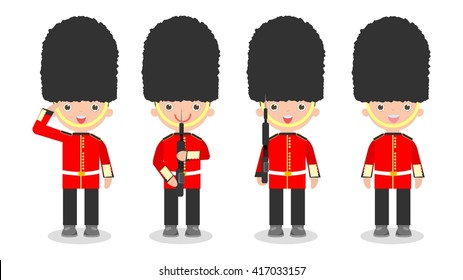 set of soldiers, British Soldiers with weapon, kids wearing soldiers costumes, Queen's Guard, British Army soldiers, flat cartoon character design isolated on white background.