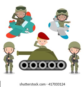 set of soldiers, cartoon Soldier set, kids wearing soldiers costumes,  children Soldier,flat cartoon character design isolated on white background, US Army , soldiers Isolated vector illustration